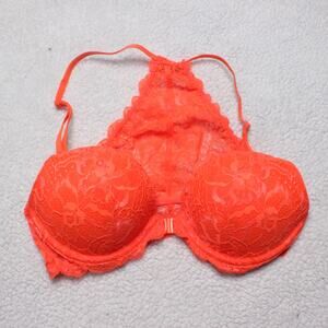 PINK Victoria’s Secret Date Racerback Push-Up Bra 32C Neon Orange Lace
